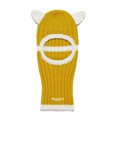 Marni Logo-embroidered Ribbed Wool Balaclava In Yellow