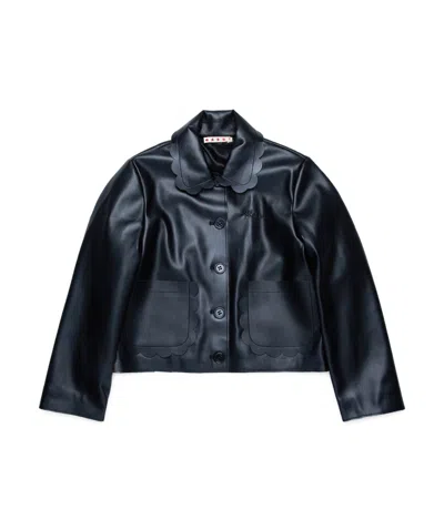 Marni Kids' Logo-embroidered Scallop-collar Jacket In Black