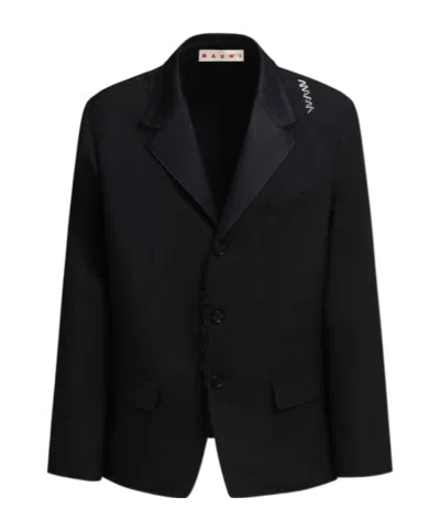 Marni Logo-embroidered Single Breasted Blazer In Blue