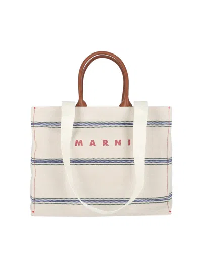 Marni Logo Embroidered Striped Large Tote Bag In White