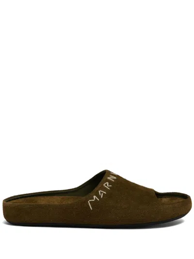Marni Logo-embroidered Suede Slides In 00v25 Olive
