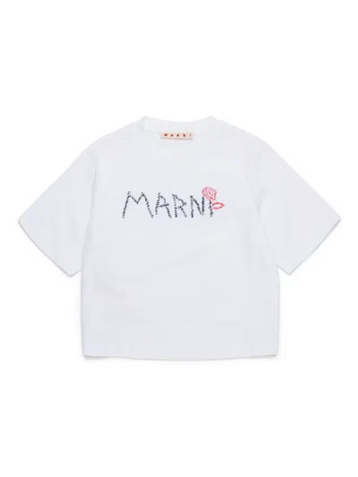 Marni Kids' Logo-embroidered T-shirt In 白色