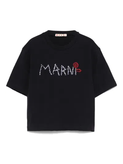Marni Kids' Logo-embroidered T-shirt In Blau