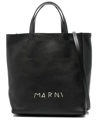 Marni Museo Embroidered Textured-leather Tote Bag In Black