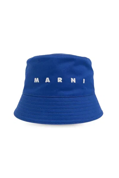 Marni Logo-embroidered Cotton Bucket Hat In Blue