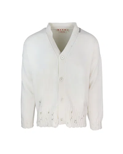 Marni Logo Embroidered V-neck Knitted Cardigan In Lily White