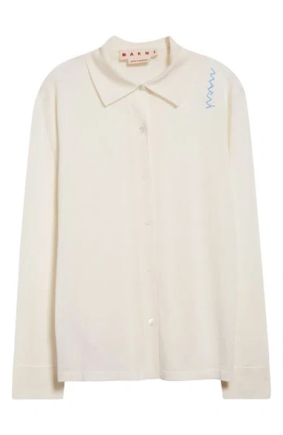 Marni Logo Embroidered Virgin Wool & Silk Button-up Shirt In Lily/white