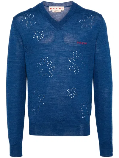 Marni Logo-embroidered Virgin Wool Jumper In Blue