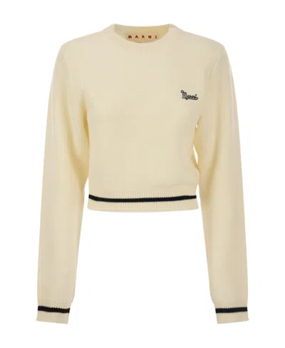 Marni Logo-embroidered Waffle-knit Jumper In Nude