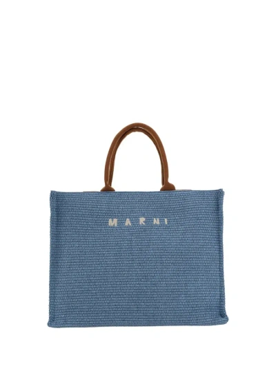 Marni Logo Embroidered Woven Large Tote Bag In Blue