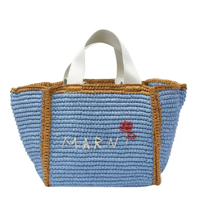 Marni Logo Embroidered Woven Top Handle Bag In Blue