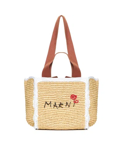 Marni Logo Embroidered Woven Top Handle Tote Bag In Beige