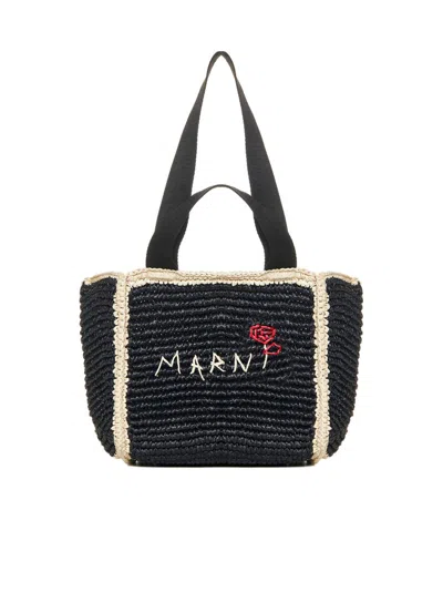 Marni Logo Embroidered Woven Top Handle Tote Bag In Black