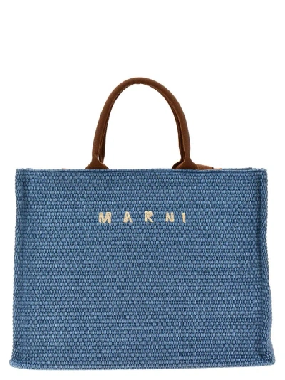 Marni Logo Embroidered Woven Tote Bag In Blue