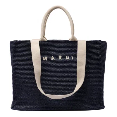 Marni Logo-embroidered Raffia Tote Bag In Blue