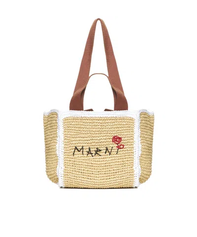 Marni Logo-embroidered Woven Tote Bag In Nude