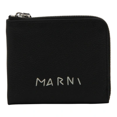 Marni Log Embroidered Zipped Wallet In Black