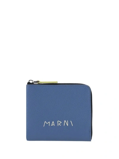 Marni Logo Embroidered Zipped Wallet In Blue