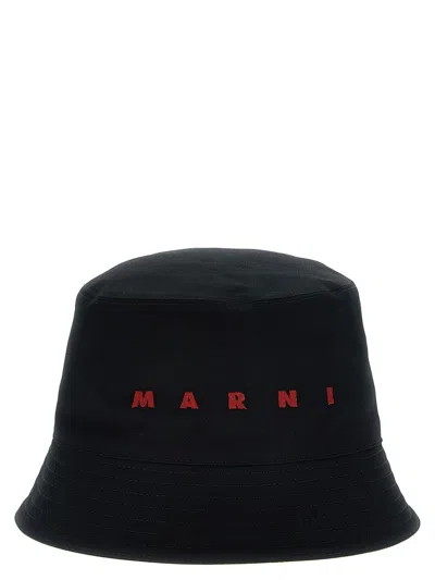 Marni Logo-embroidered Cotton Bucket Hat In Black