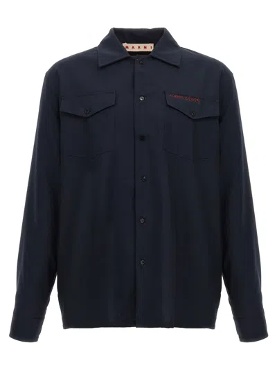 Marni Wool Shirt With Logo Embroidery In Black