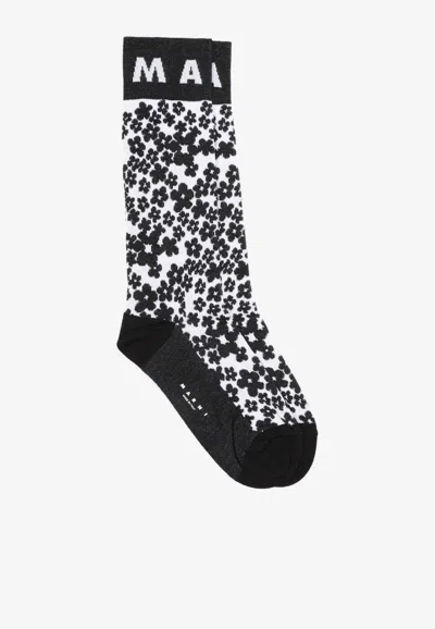 Marni Logo Floral Socks In Monochrome