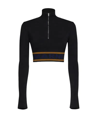 MARNI MARNI LOGO INTARSIA-KNIT HIGH NECK CROPPED JUMPER
