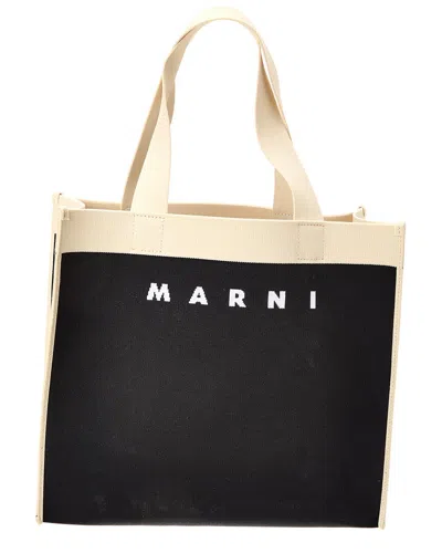 Marni Logo Jacquard Medium Canvas Tote In Black