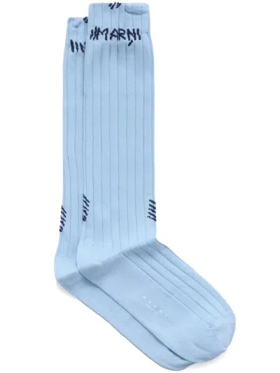 Marni Logo-jacquard Ribbed Socks In Blue