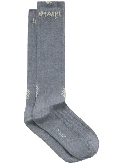 Marni Logo-jacquard Ribbed Socks In Grey