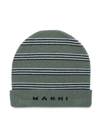 Marni Kids' Logo-jacquard Striped Beanie In Green