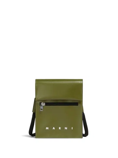 Marni Logo Leather Pouch Handbag On Strap In Green