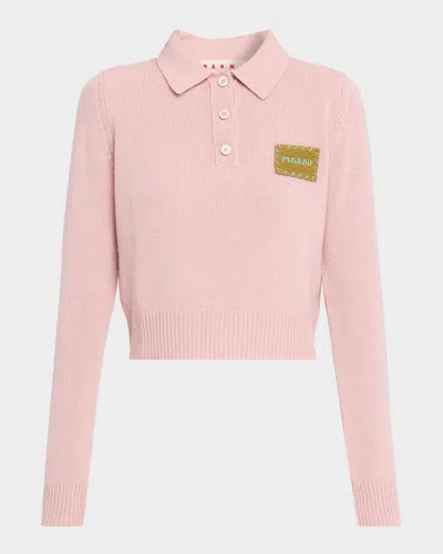 Marni Logo Patch Cashmere Crop Polo Sweater In Pink