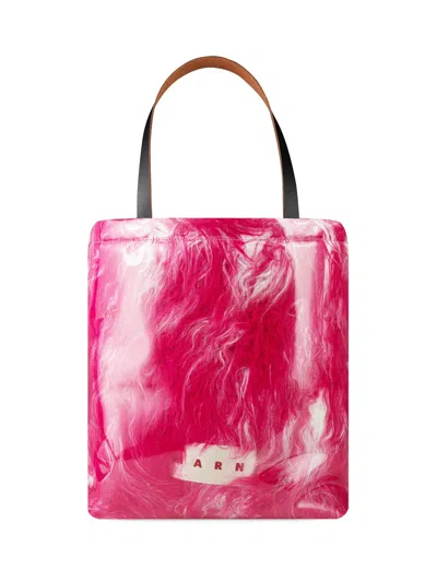 Marni Logo Patch Covered Shearling Tote Bag In Pink