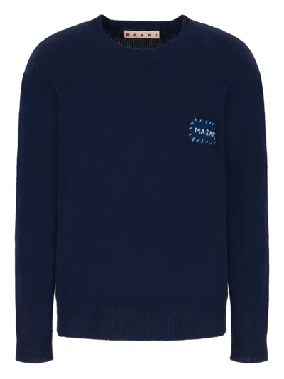 Marni Logo-patch Crew-neck Sweater In Blue