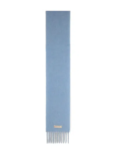 Marni Logo-patch Fringed-edges Scarf In Blue