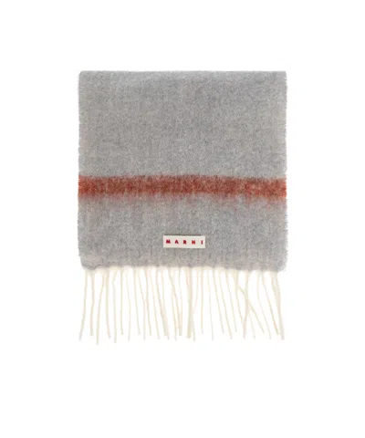 Marni Logo Patch Fringed Scarf In Gray