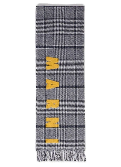 Marni Men Checked Wool Scarf In Blue