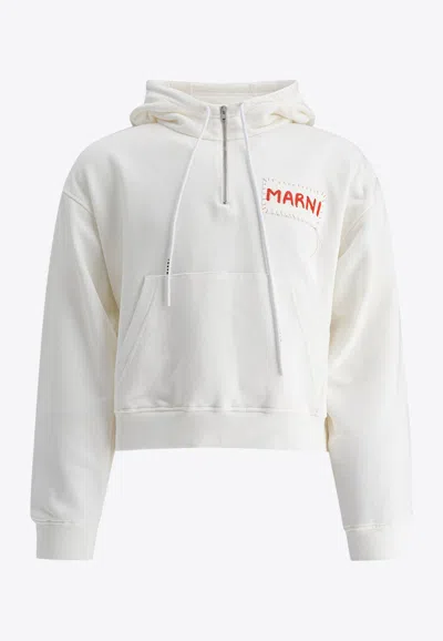 Marni Relaxed-fit White Hoodie With Embroidered Logo Patch In Red
