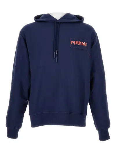 Marni Logo-patch Hoodie In Blue