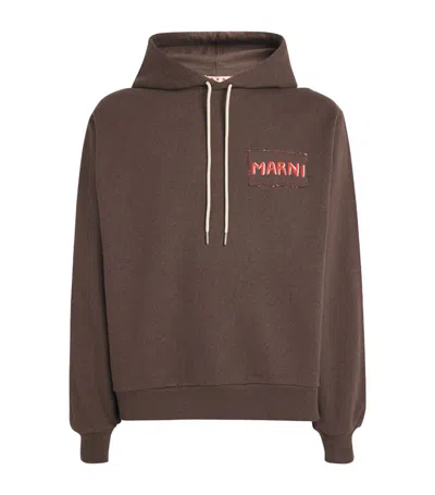 Marni Logo Patch Cotton French Terry Hoodie In Gray