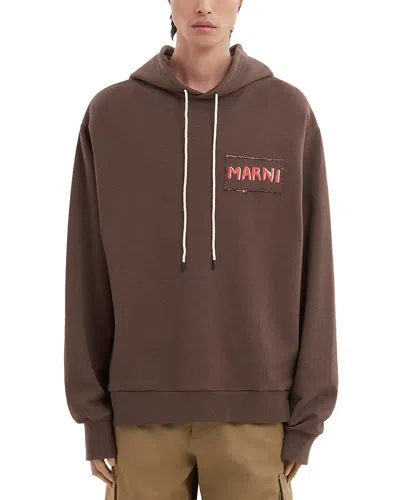 Marni Logo Patch Cotton French Terry Hoodie In Gray