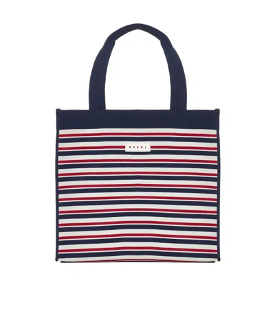 Marni Logo-patch Jacquard-striped Tote Bag In Black