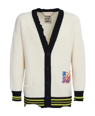 Marni Off-white Distressed Patch Cardigan In Antique White