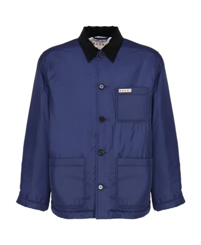 Marni Contrasting Collar Buttoned Overshirt Jacket In Blue