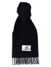 Marni Fringed Wool Blend Scarf With Maxi Logo Patch In Black