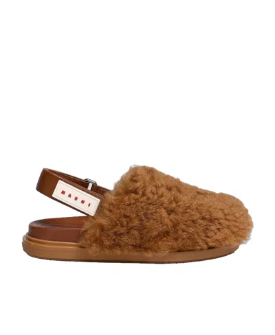 Marni Logo-patch Shearling Slingback Mules In Brown