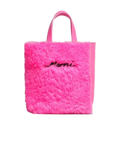 Marni Logo-patch Shearling Tote Bag In Pink