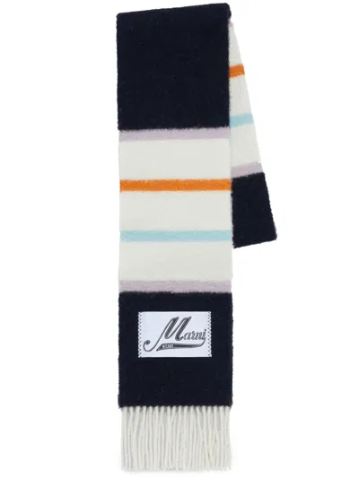 Marni Logo-patch Striped Scarf In White