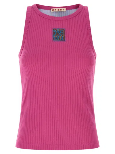 Marni Fuchsia Ribbed Cotton Logo Tank Top In Pink