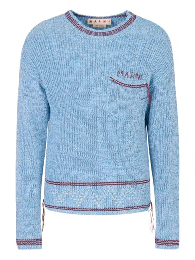 Marni Mending Knit Sweater Chest Pocket Crew Neck In Blue